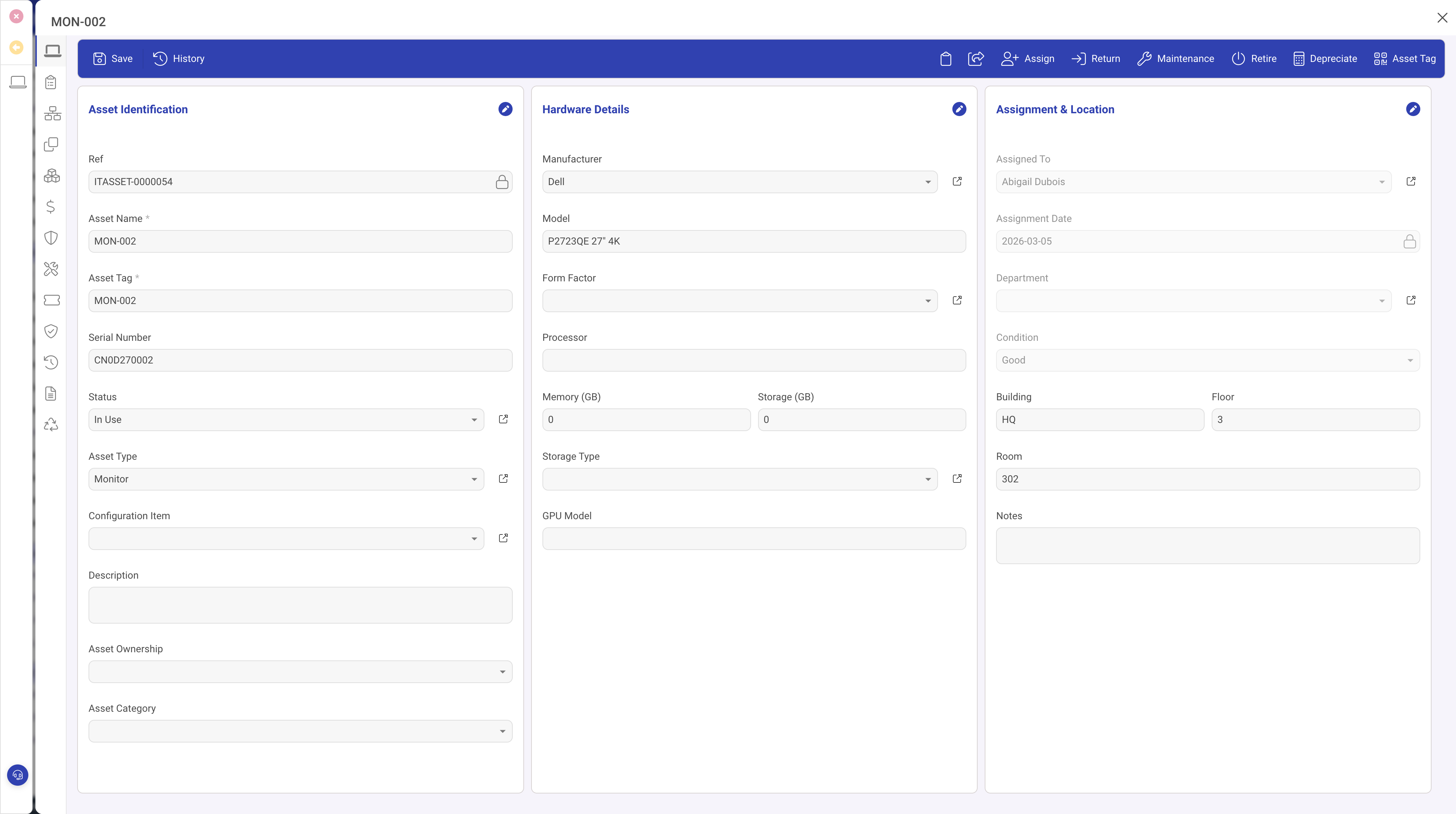 IT asset detail view showing the three-column General panel