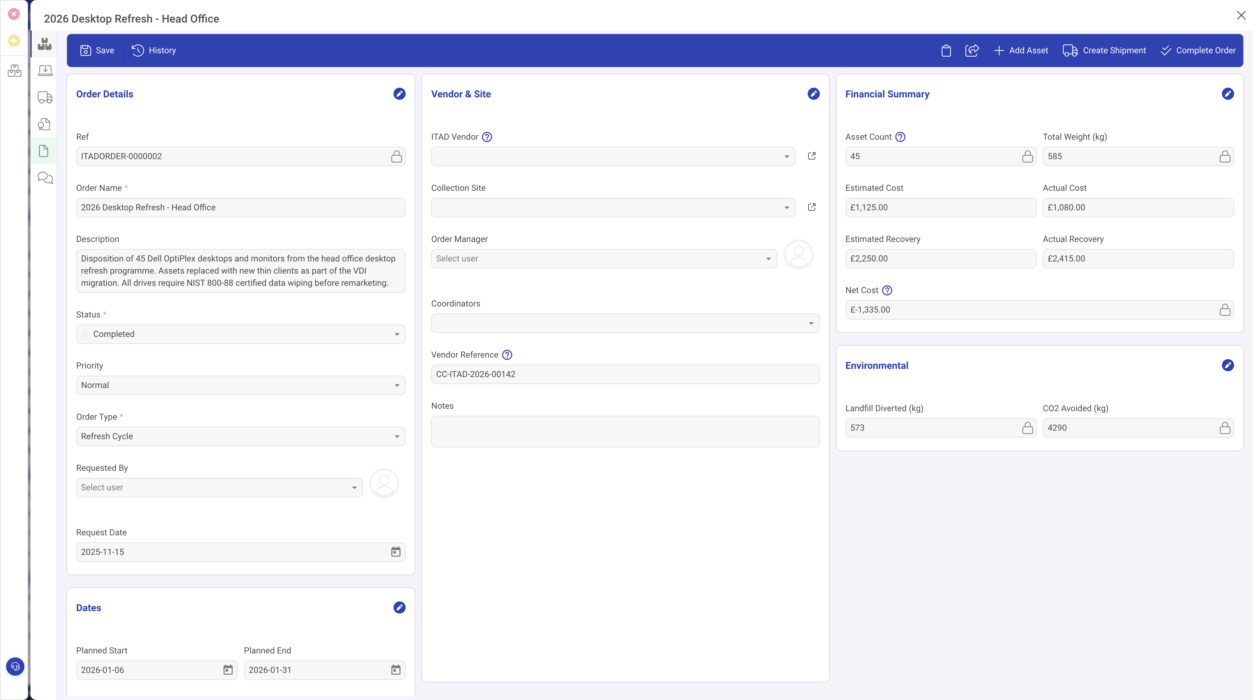 ITAD order detail showing order details, vendor, and financial summary