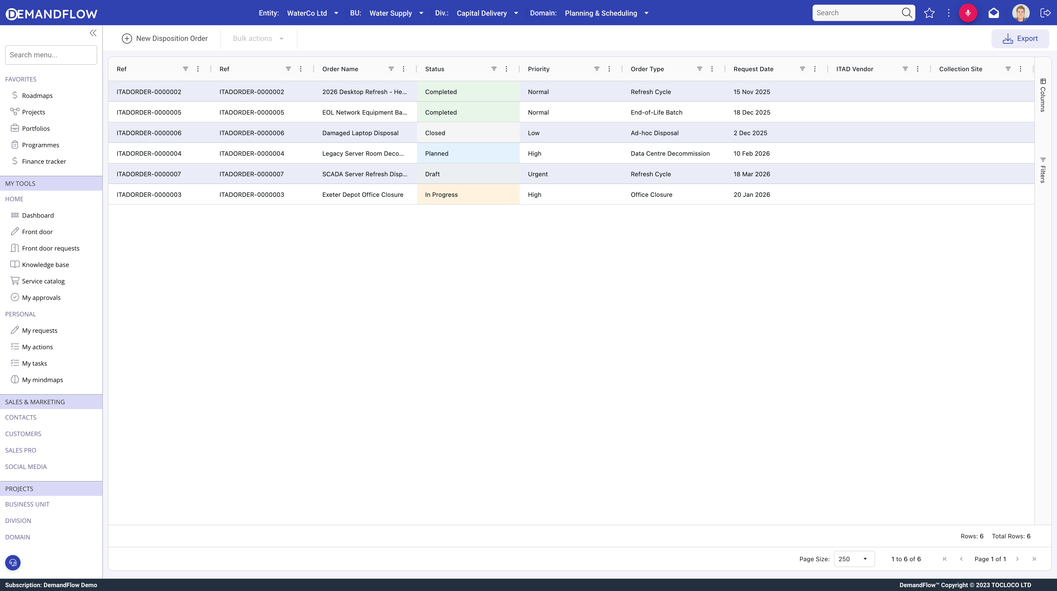 ITAD disposition orders grid