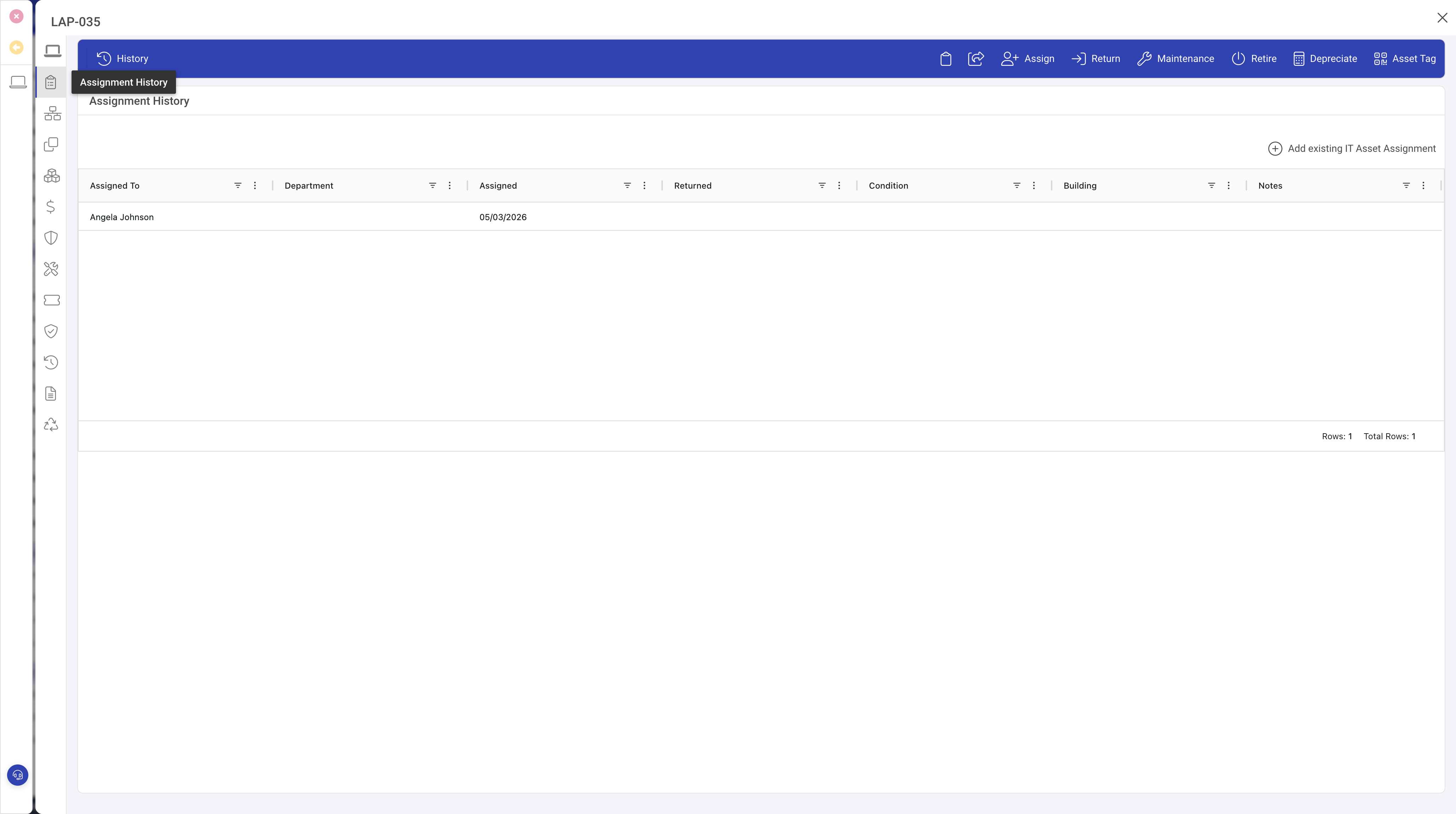 Assignment History panel showing assignment records