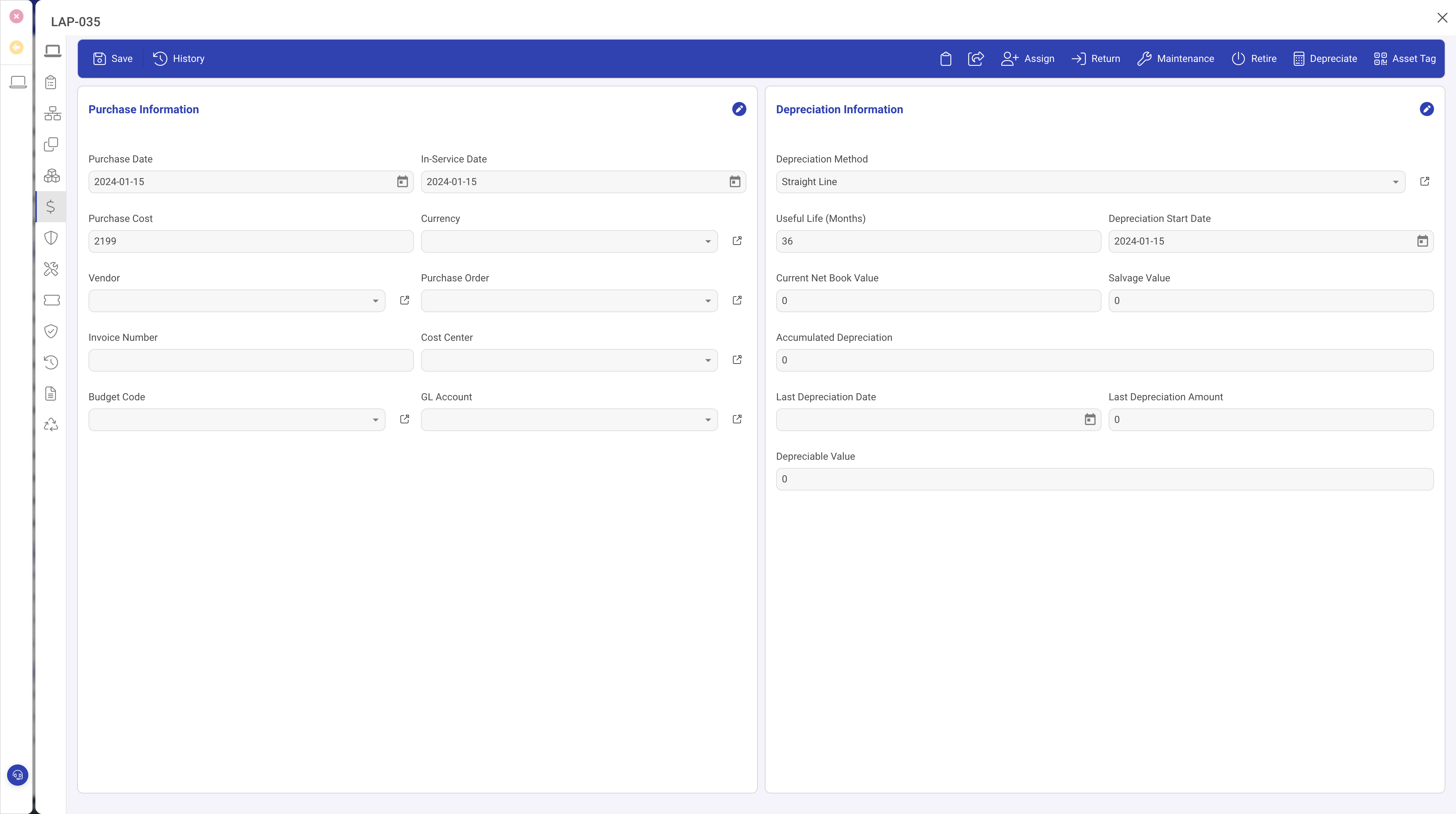 Financial panel showing purchase, cost allocation, and depreciation fields