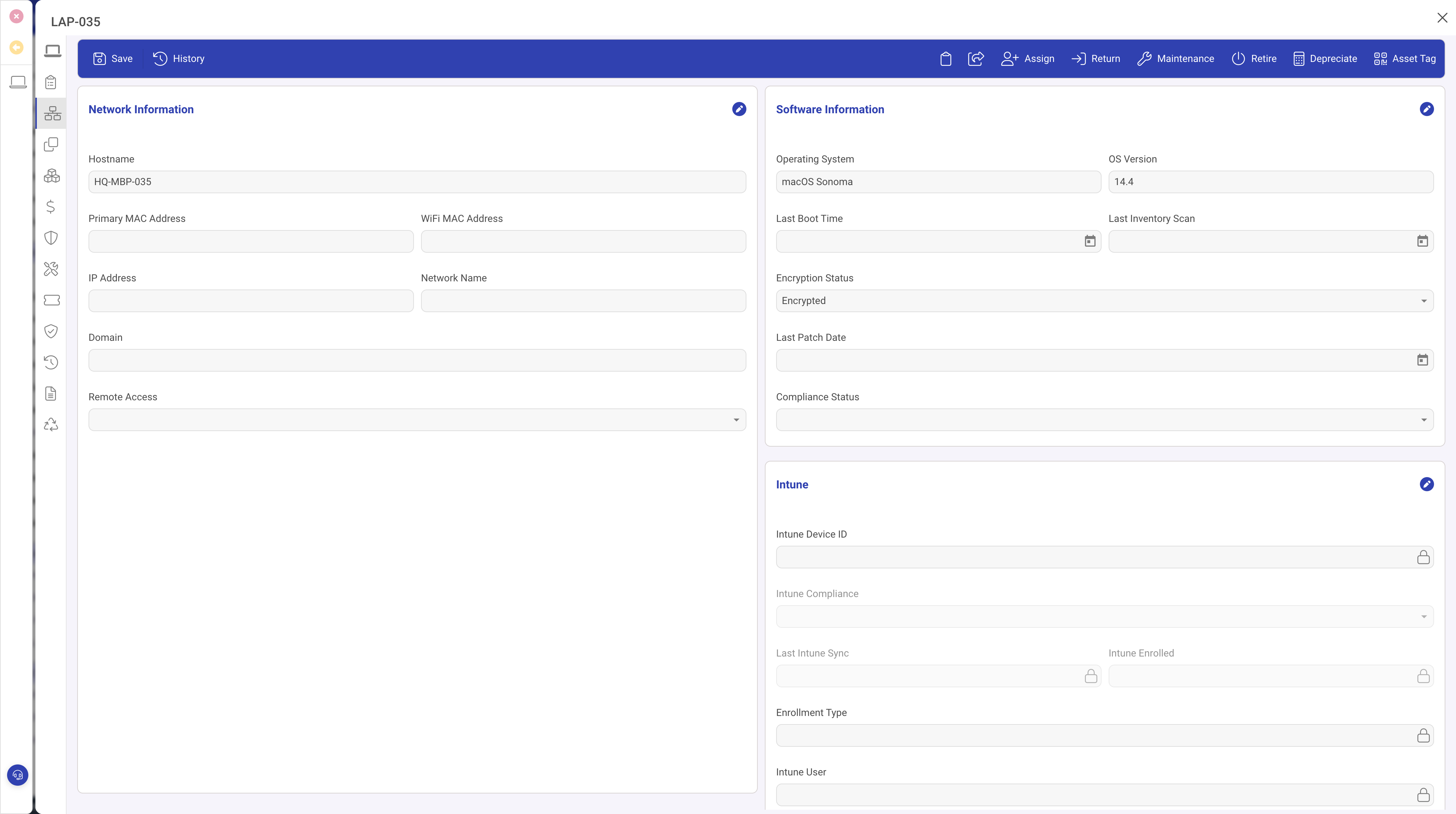 Network and Software panel showing hostname, IP, OS fields