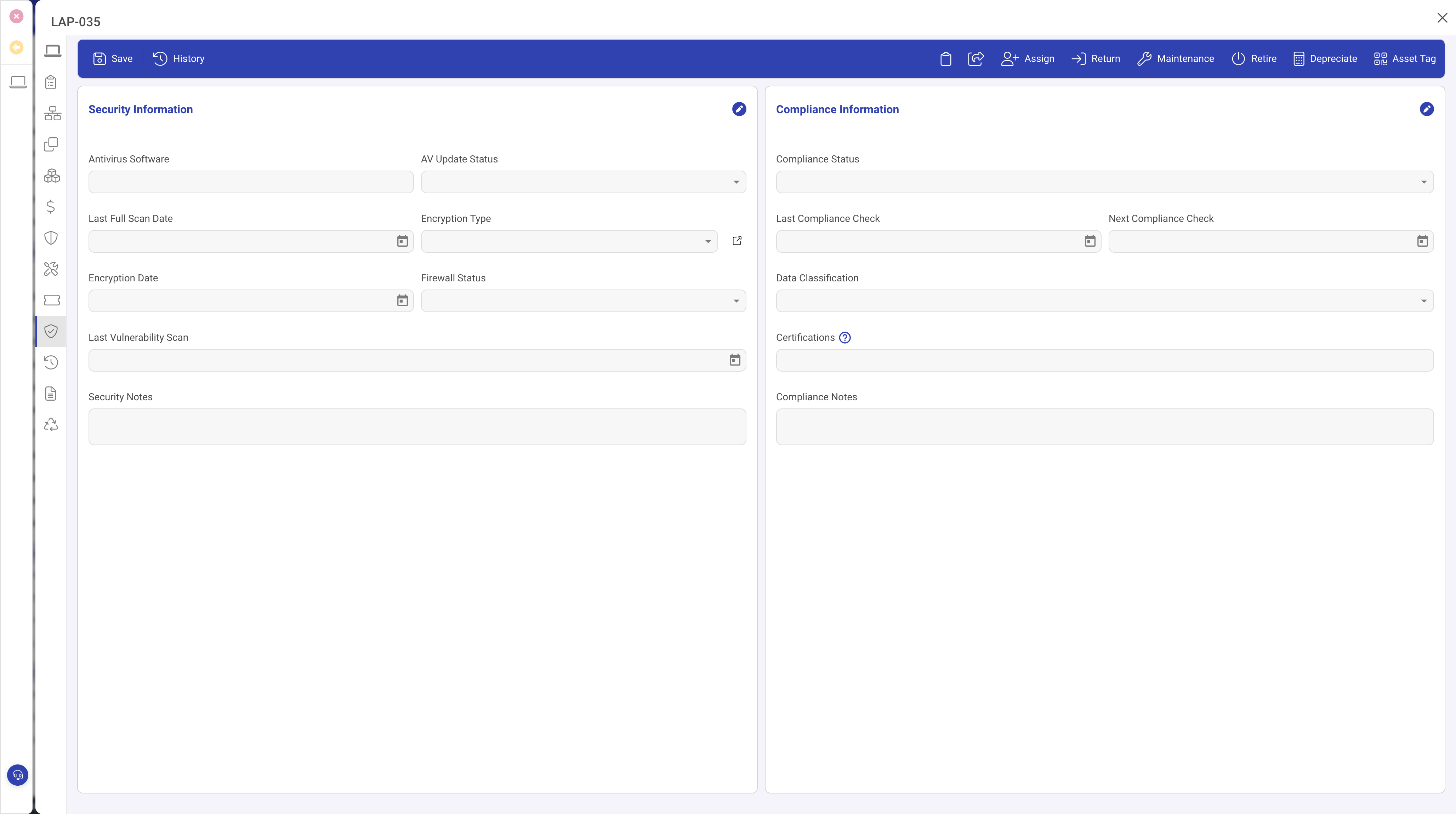 Security and Compliance panel showing encryption, antivirus, and compliance fields