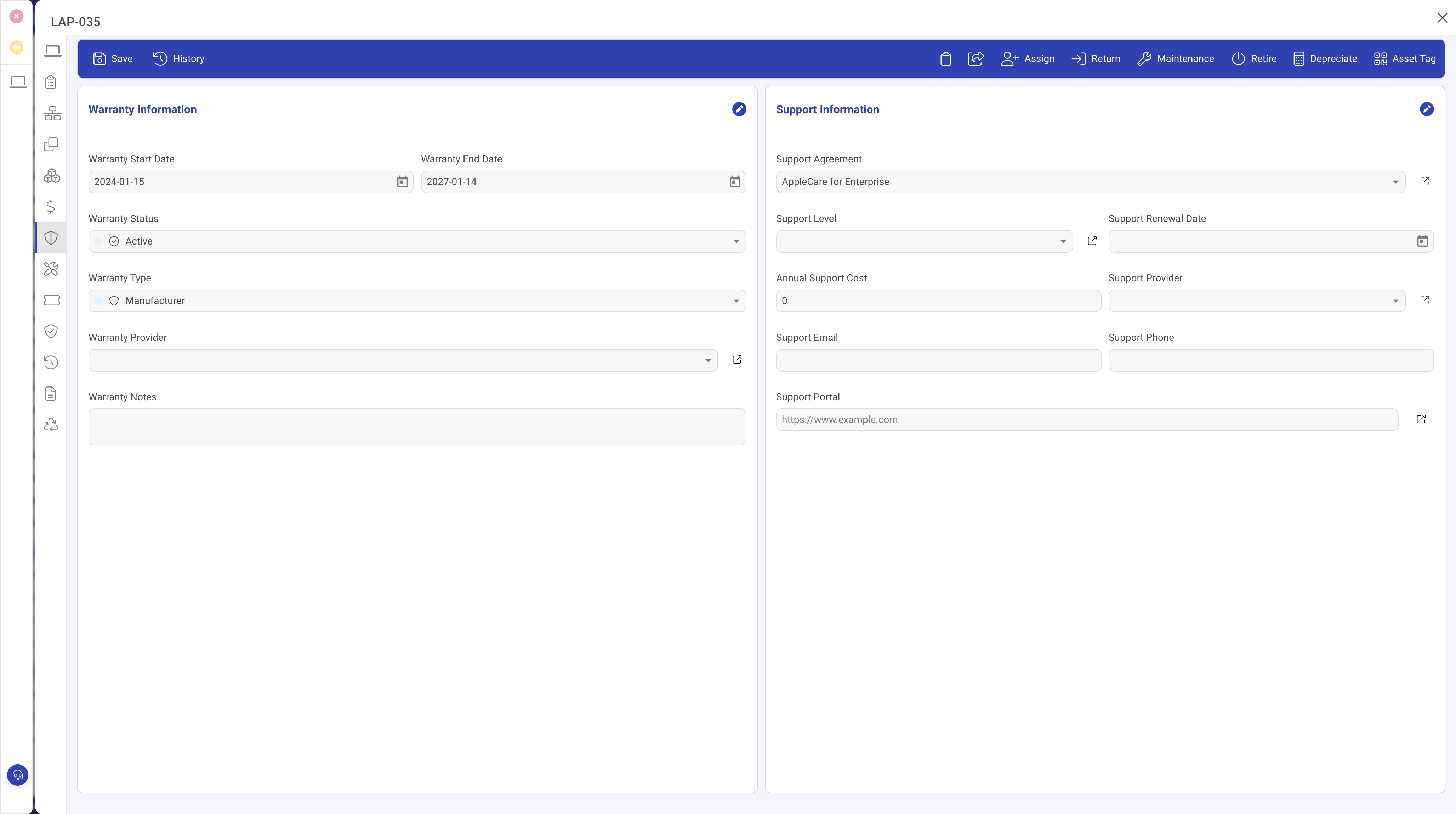 Warranty and Support panel showing dates, status, and provider