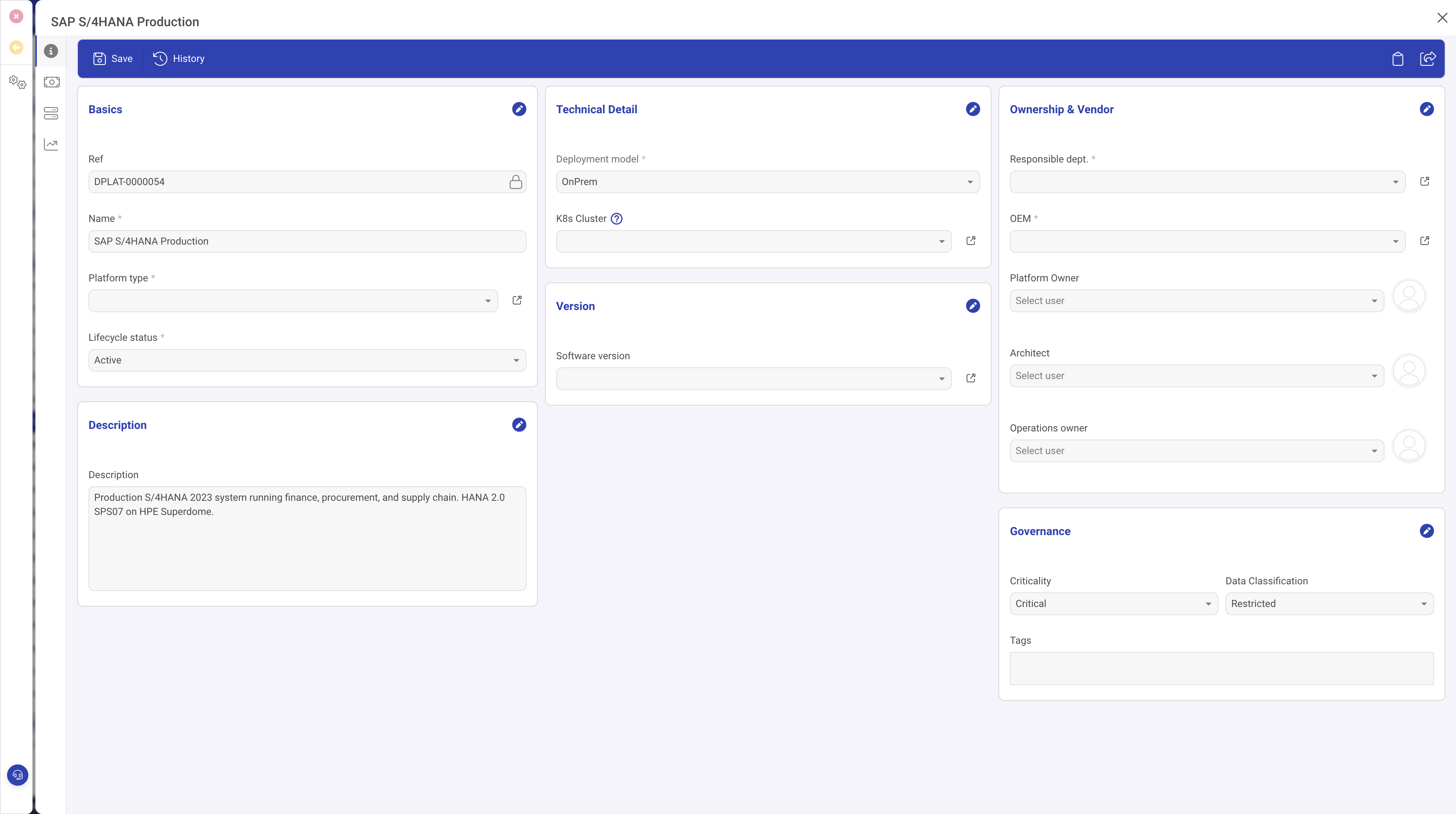 Deployed platform detail showing Basics, Technical Detail, Ownership, and Governance