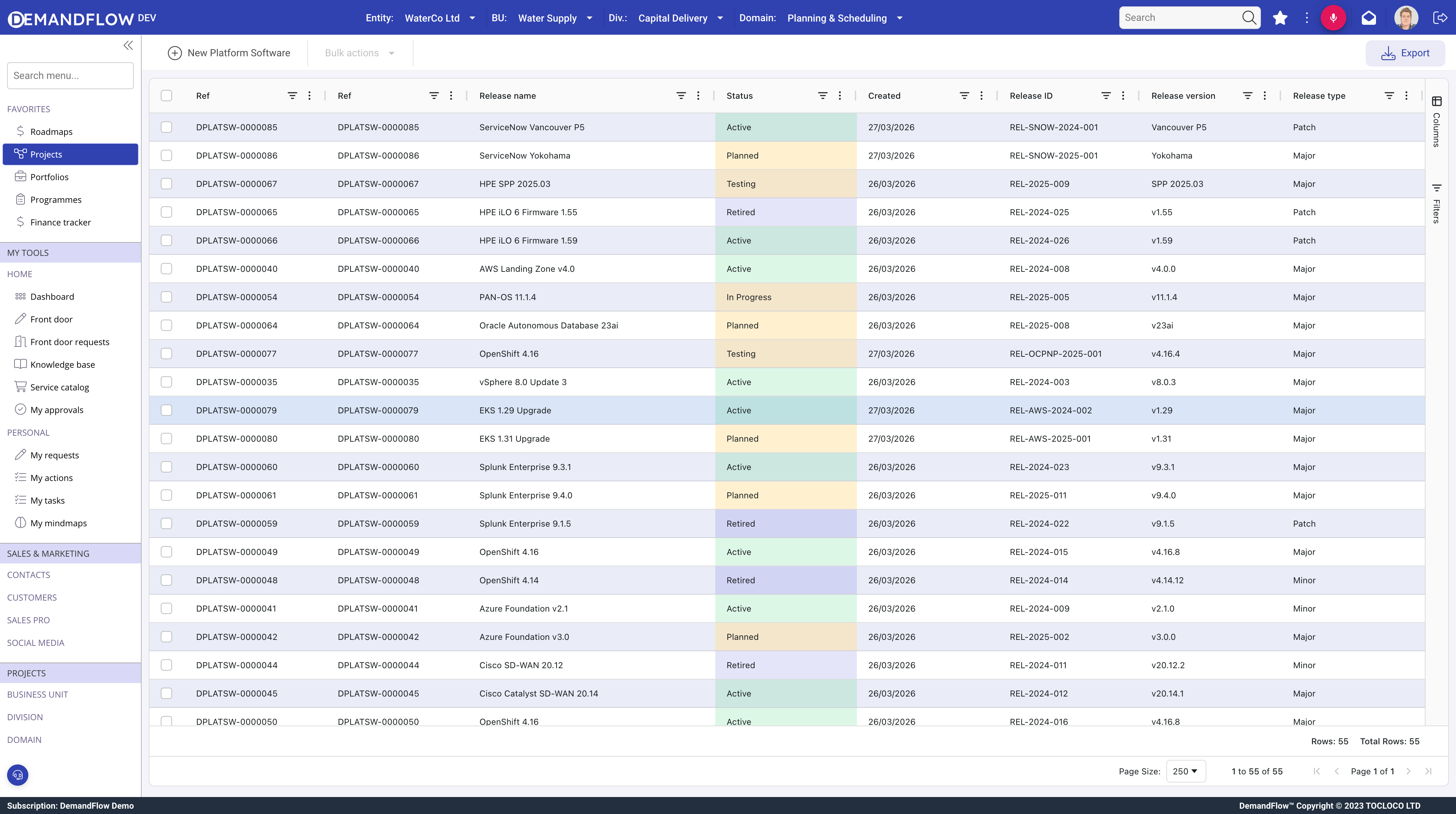 Software versions grid