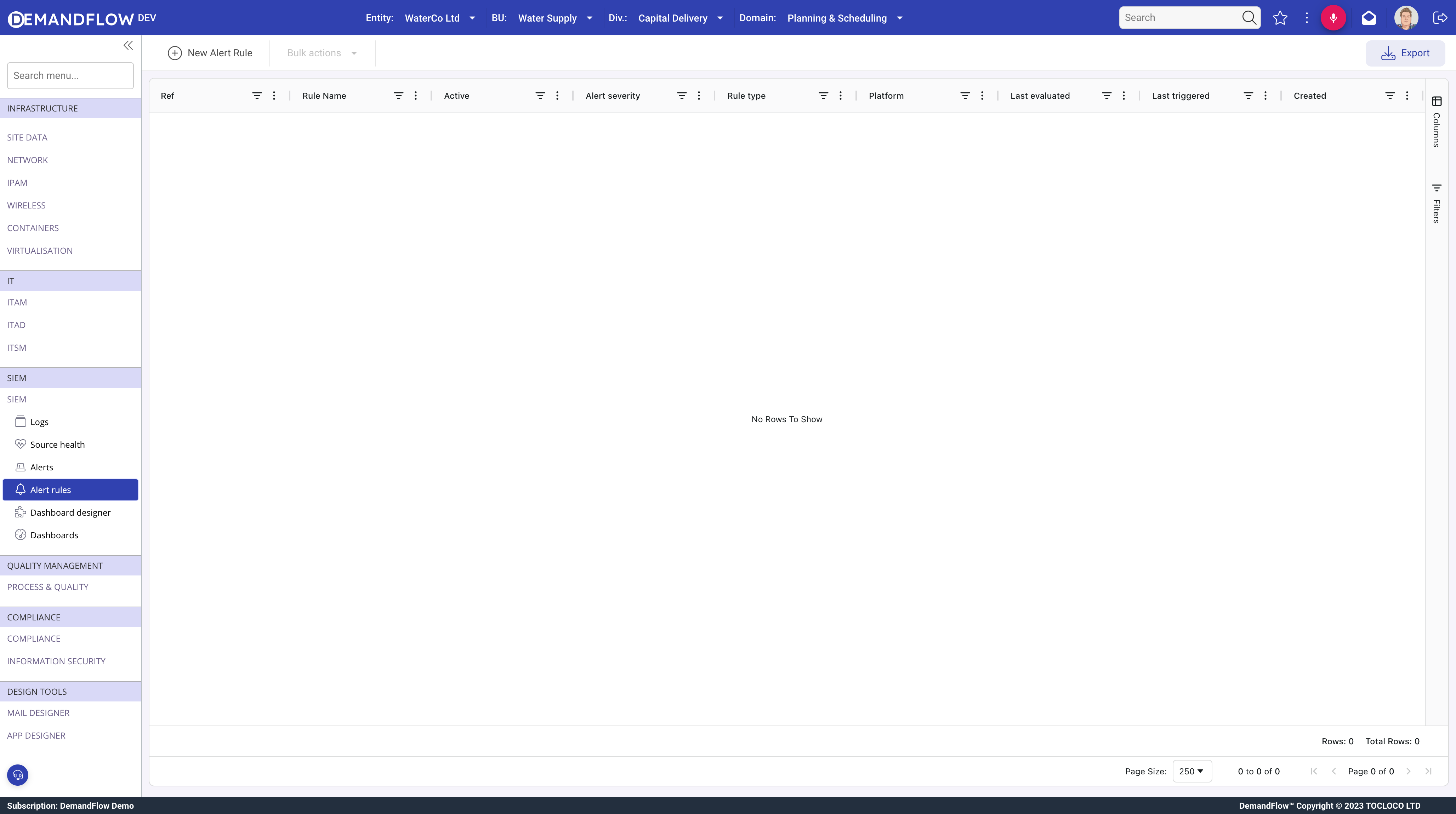 Alert rules grid showing columns and New Alert Rule button