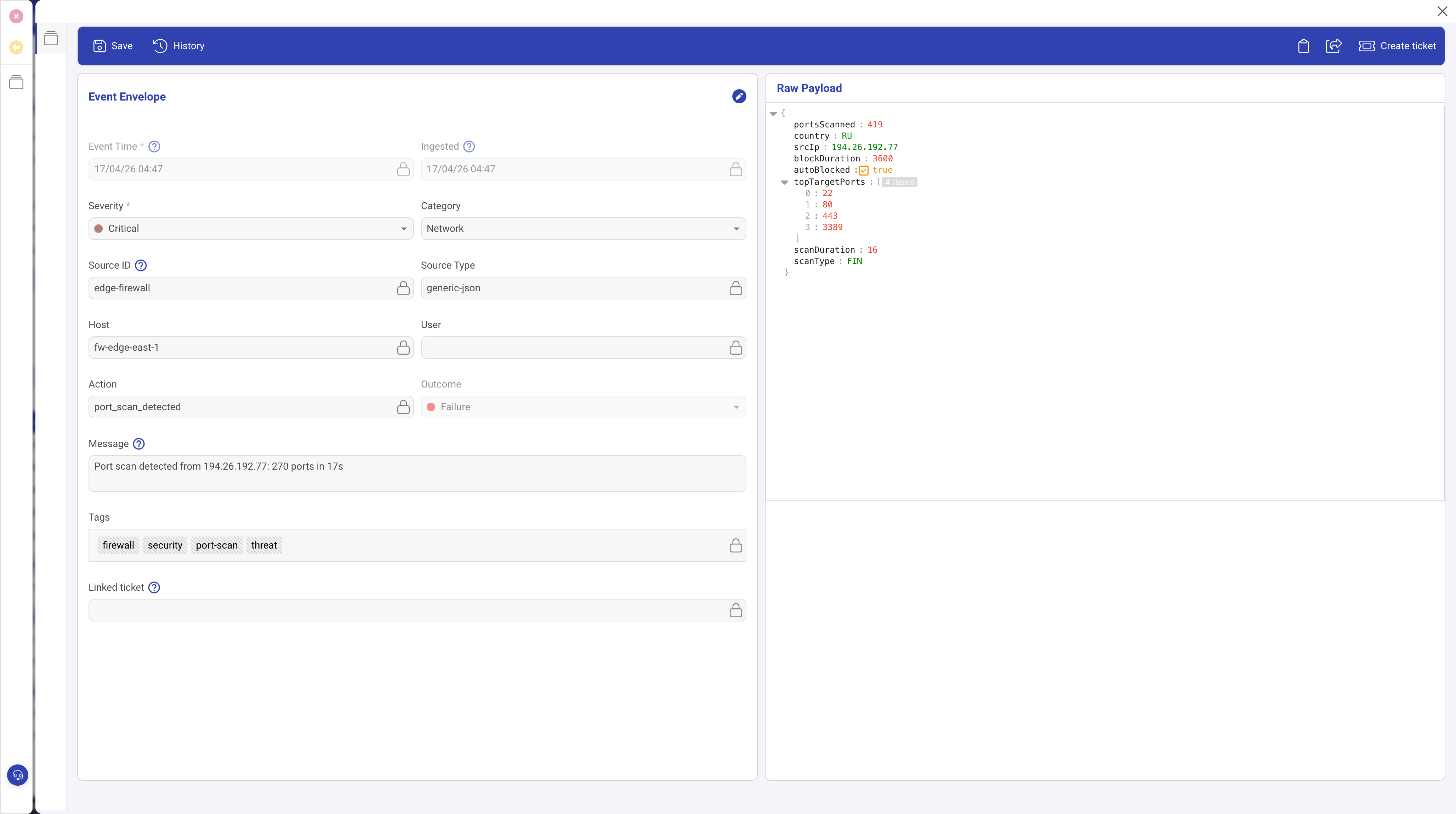 LOG event detail showing envelope fields on the left and raw JSON payload on the right