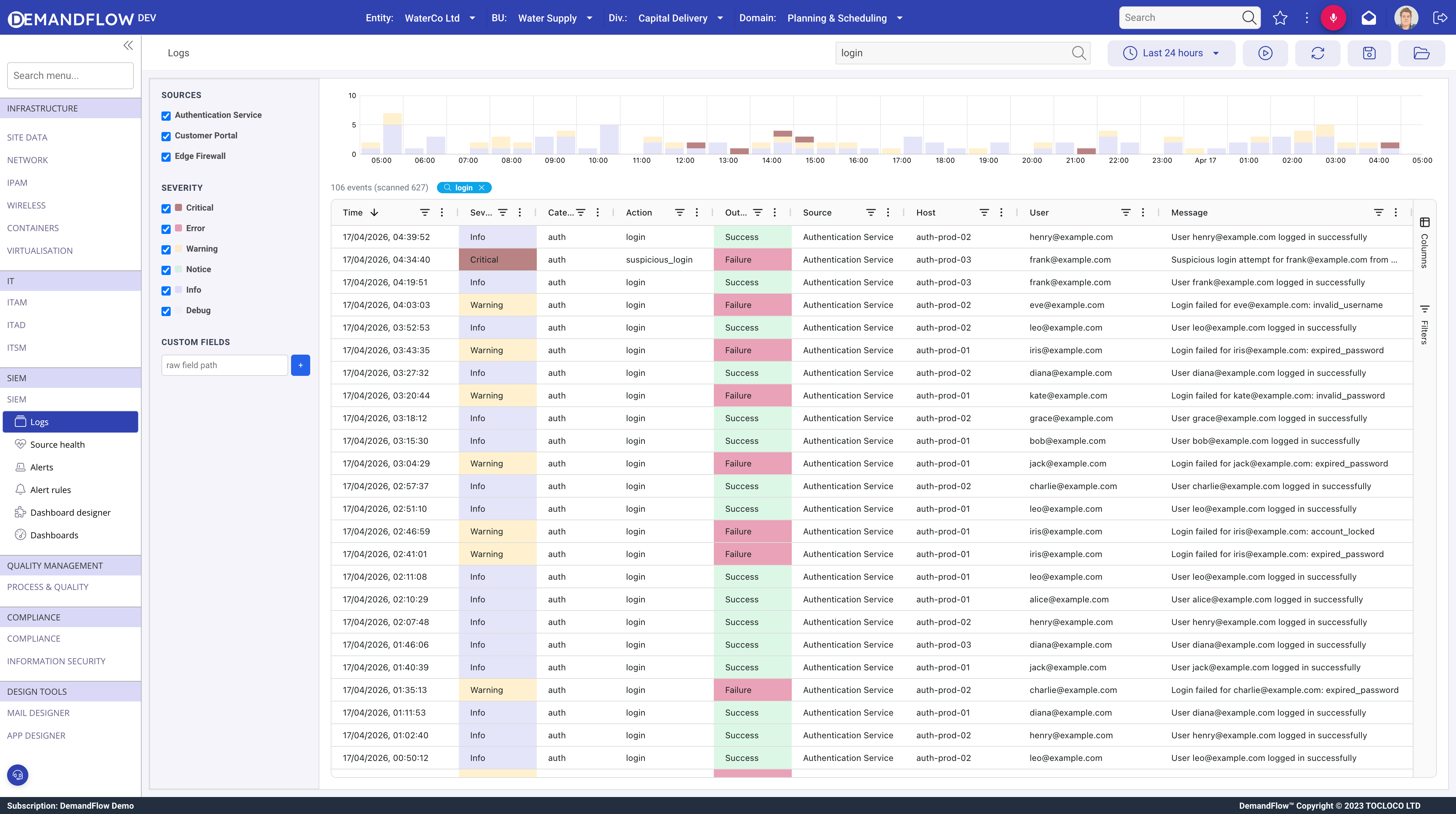 Log Viewer with search active showing search chip and scanned count