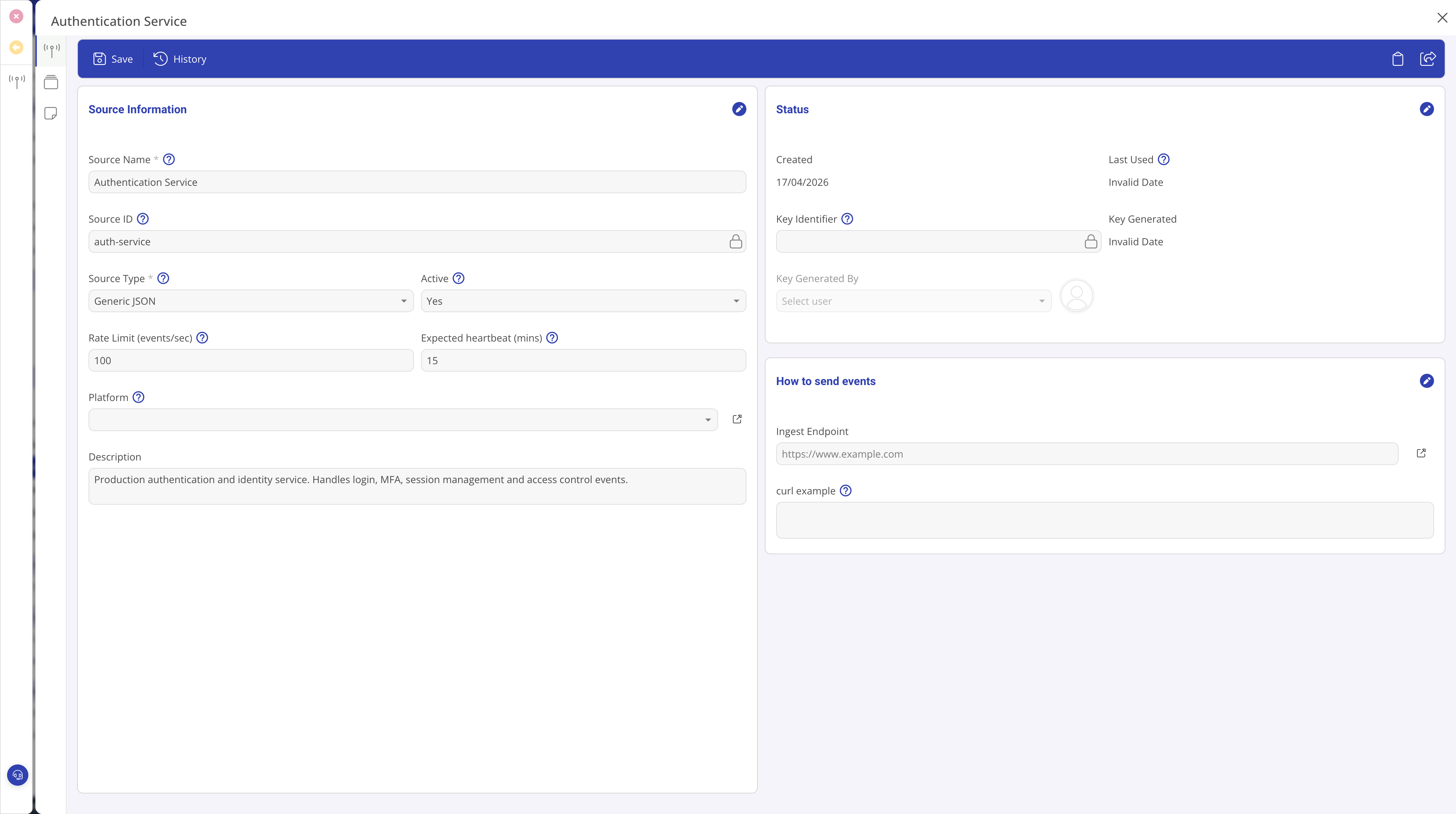Log source detail view showing Source Information, Status, and How to send events
